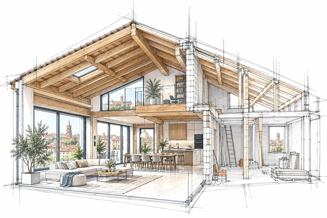Illustration en coupe d’un intérieur sous charpente montrant les volumes et les espaces de vie