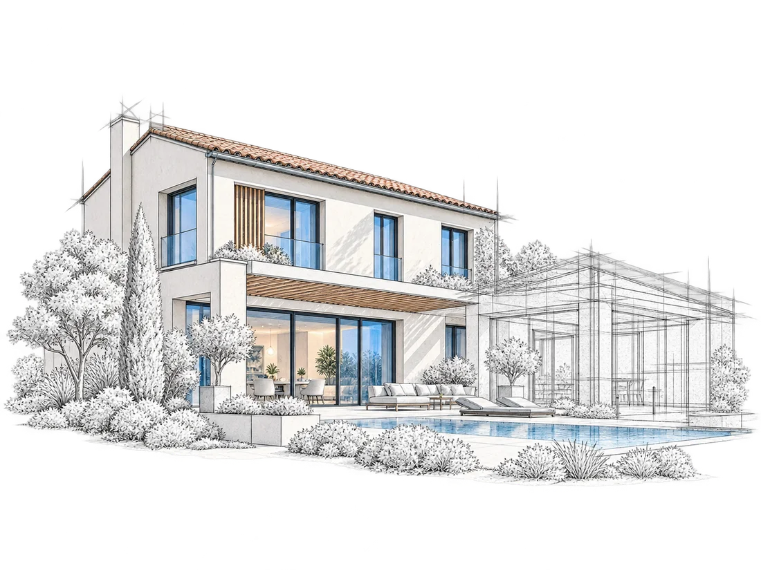 Illustration d’une maison associant volumes construits et tracés de conception