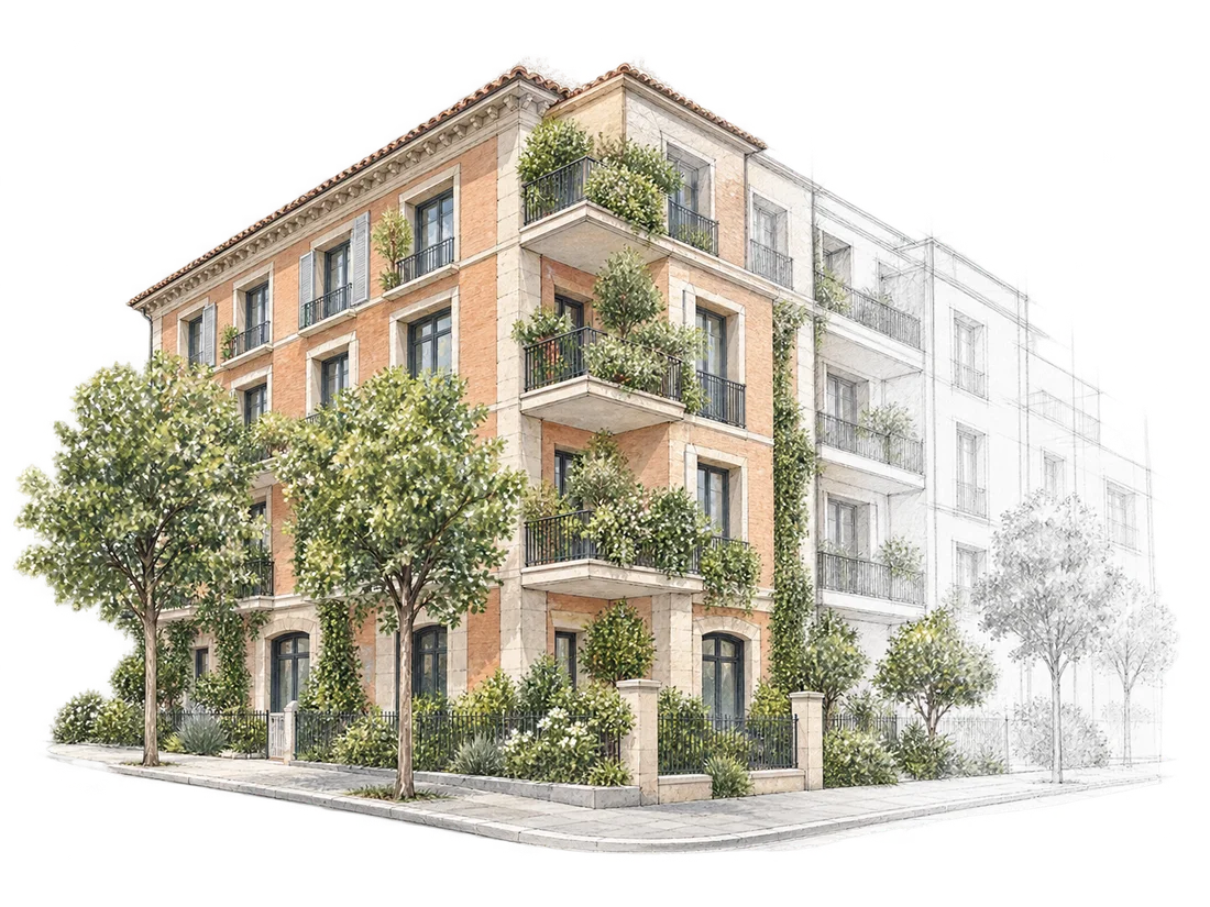 Illustration d’une résidence collective avec balcons, végétation et accès au rez-de-chaussée