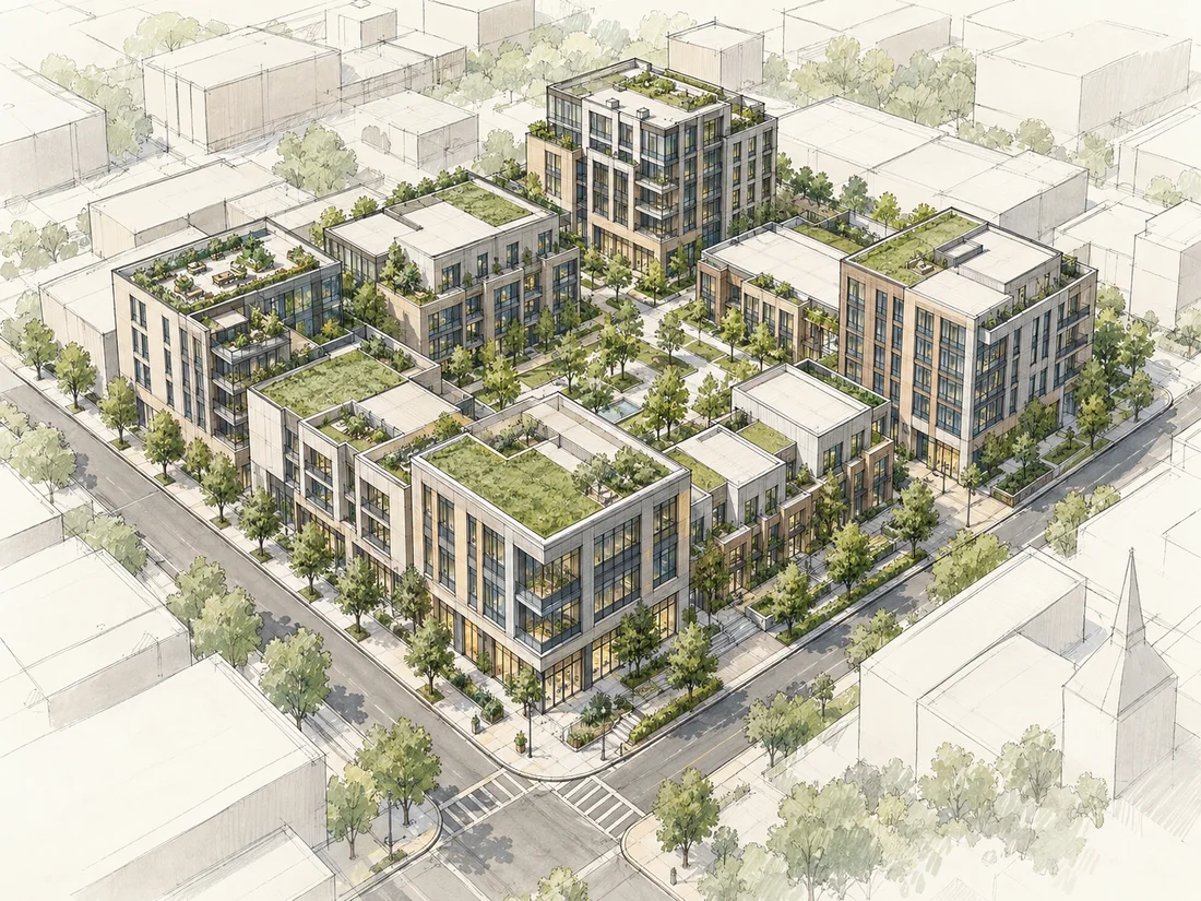 Illustration architecturale d’un ensemble de logements : implantation des bâtiments, accès et espaces partagés.