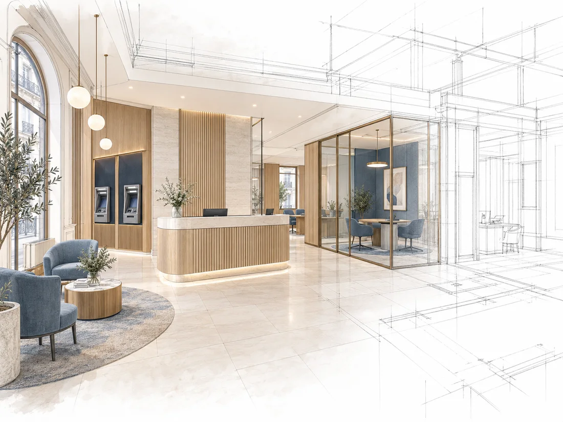 Illustration de bureaux aménagés, du plan de conception à la visualisation intérieure