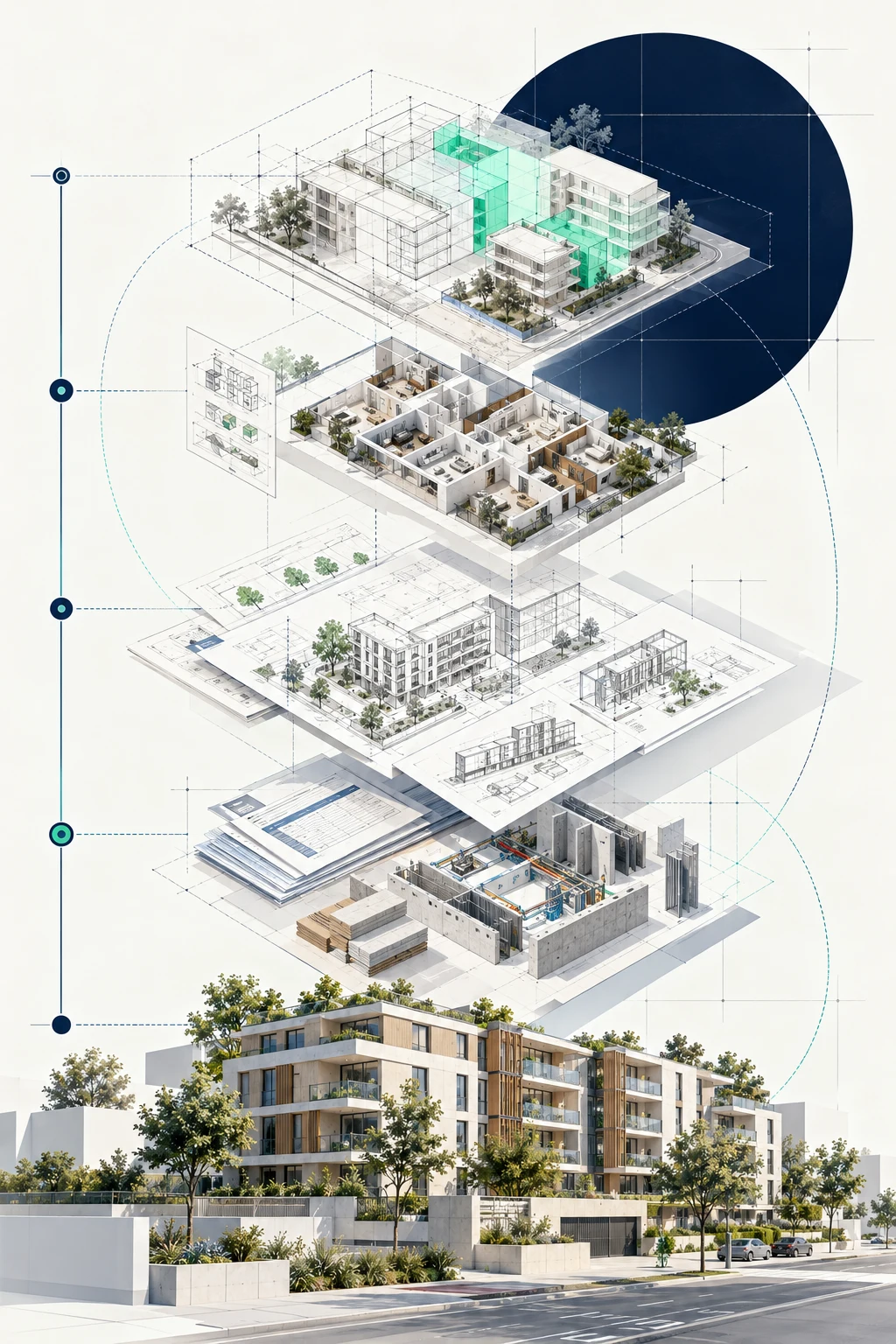 Illustration architecturale verticale du développement d’une opération, de la programmation jusqu’à la réalisation