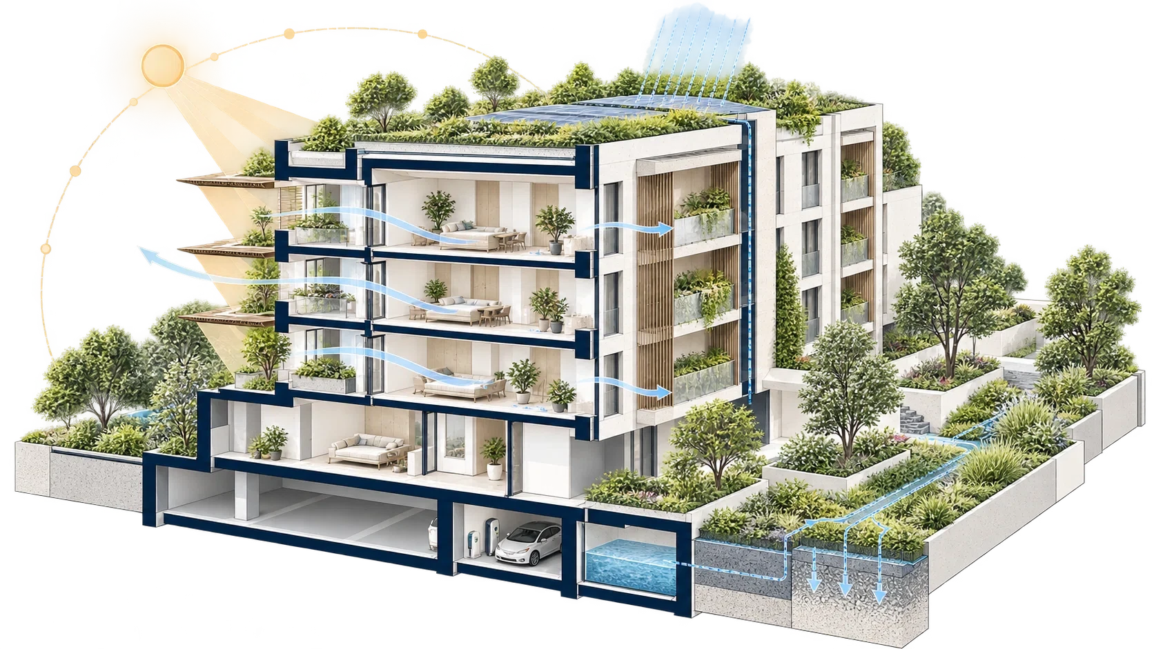 Visualisation 3D d'un ensemble résidentiel intégrant conception environnementale, confort et gestion des ressources
