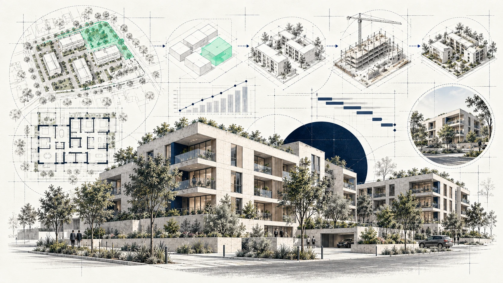 Planche architecturale premium d’une opération résidentielle de promotion immobilière, du foncier à la livraison