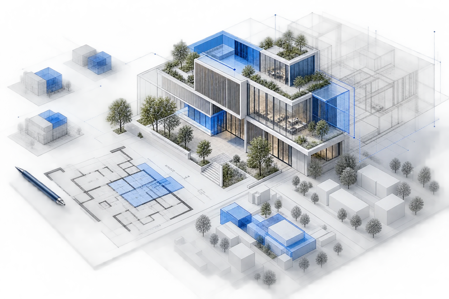 Composition architecturale : bâtiment modélisé, plans et volumes techniques en bleu.