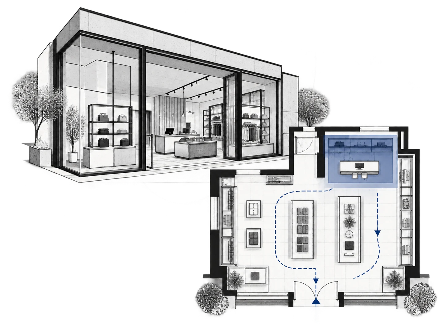 Perspective et plan d'un commerce et d'une agence