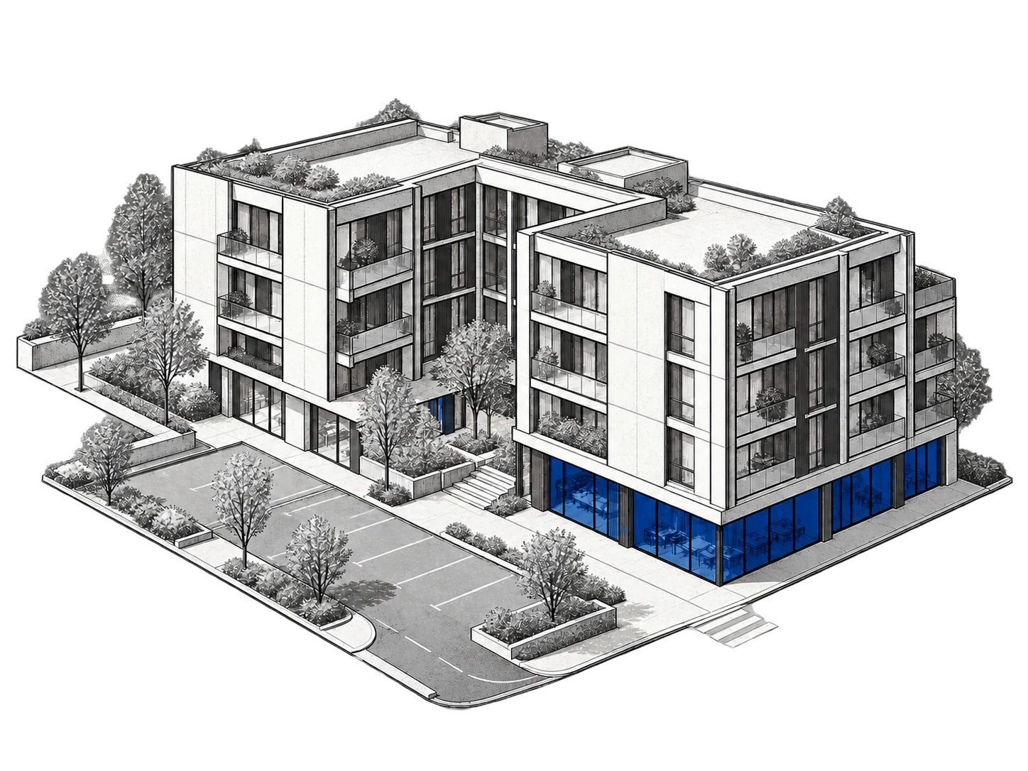 Bâtiment d'habitation collectif contemporain en perspective