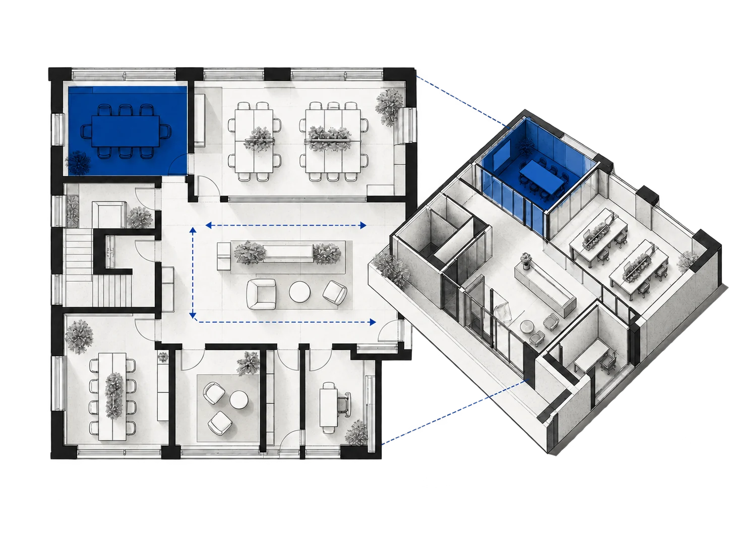 Plan de bureaux et visualisation des aménagements intérieurs