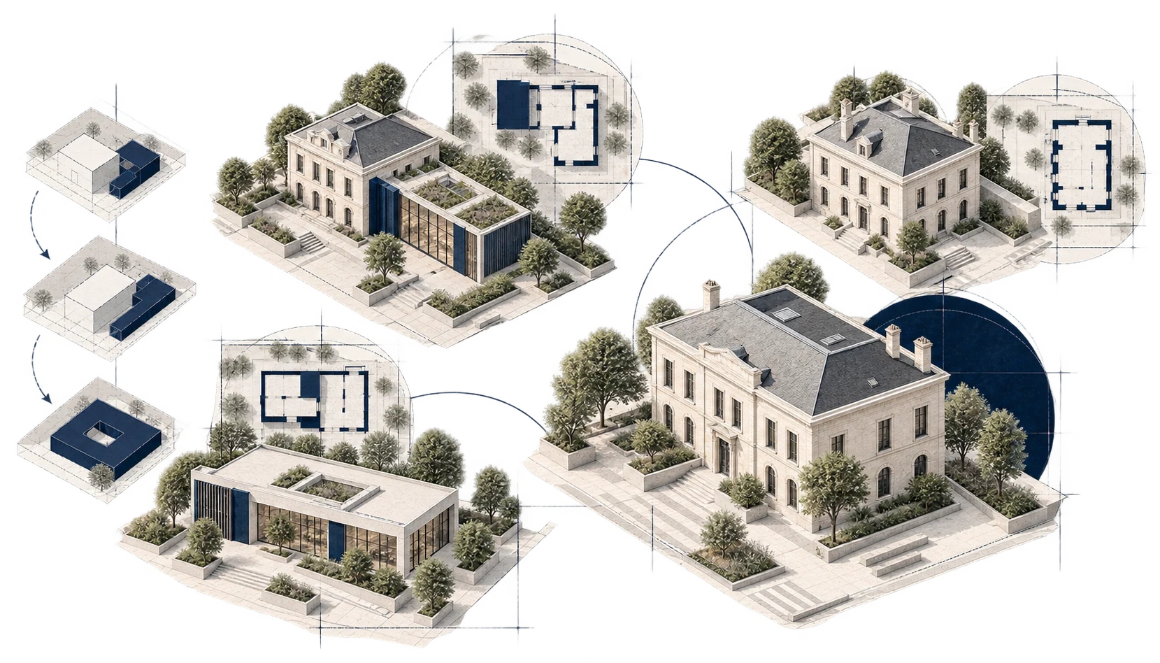Trois solutions architecturales étudiées pour un même bâtiment communal : réhabilitation, extension et reconstruction.