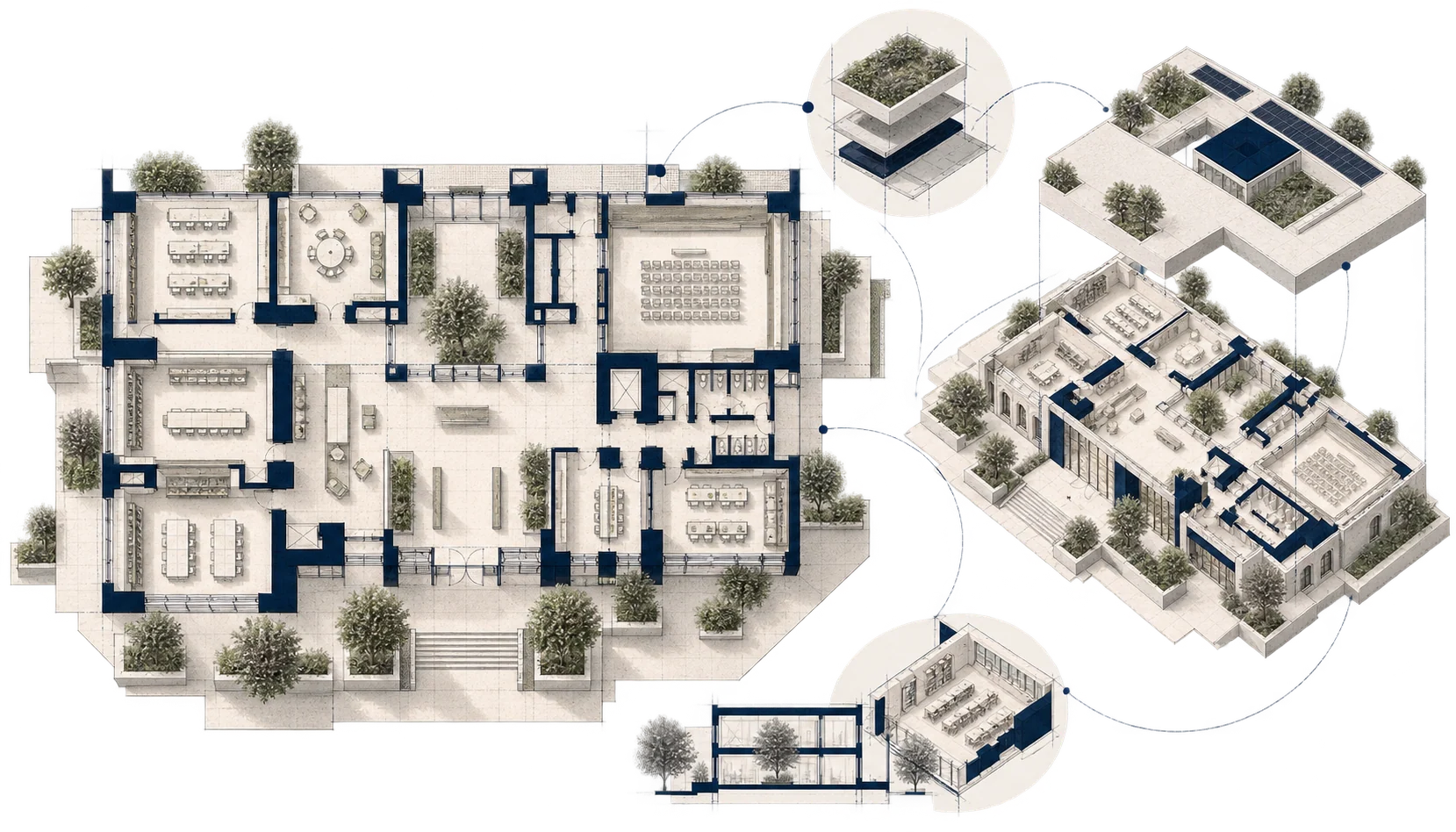 Plan fonctionnel détaillé et axonométrie éclatée illustrant l'organisation d'un bâtiment public.