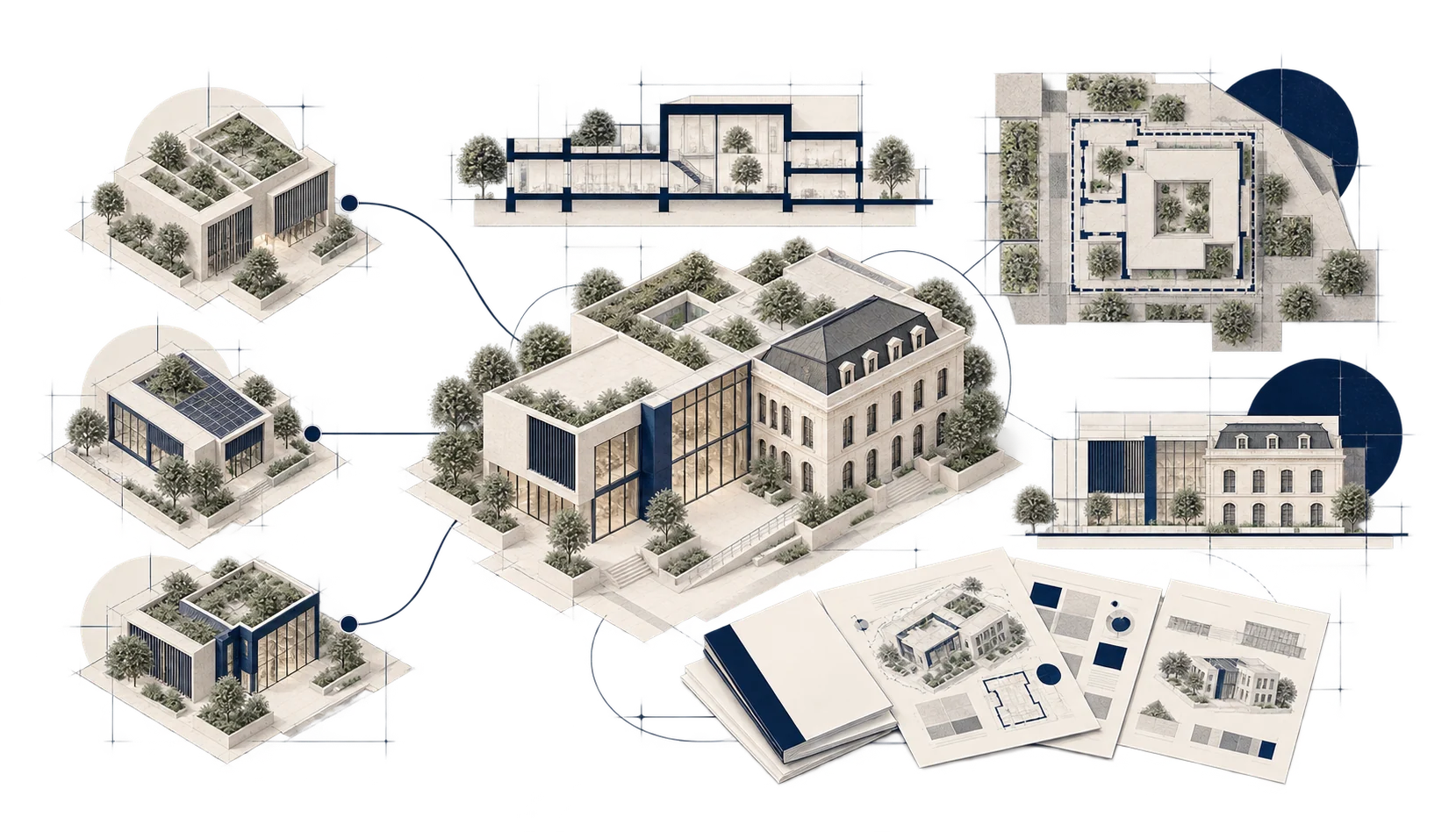 Composition de plans, variantes architecturales et dossiers techniques utilisés pour une consultation de maîtrise d'œuvre publique.