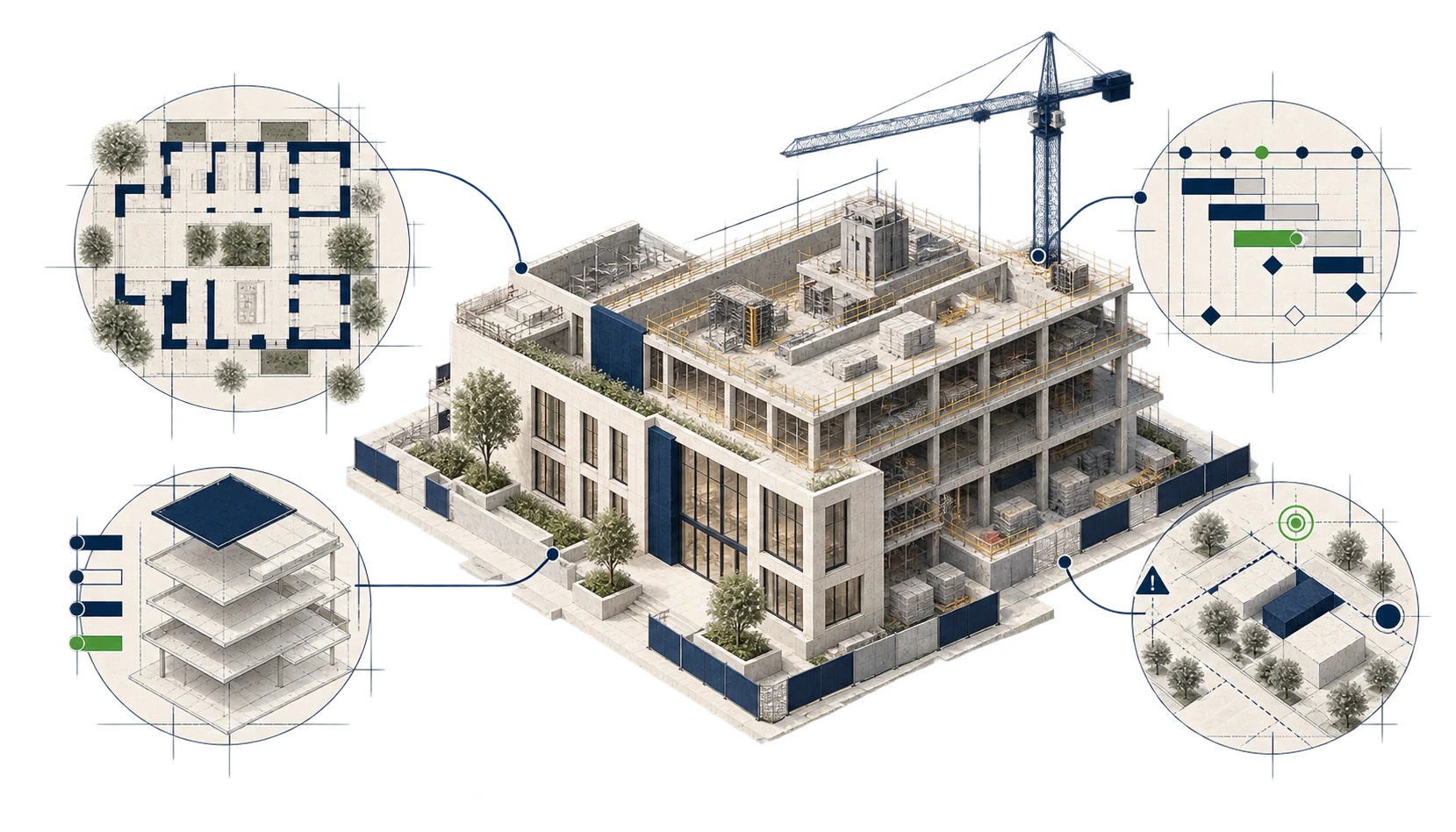 Bâtiment public en travaux relié à des repères de calendrier, de programme et de suivi de chantier.