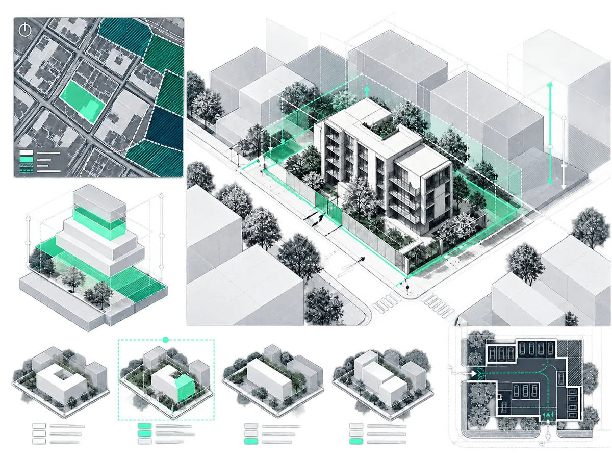 Schéma architectural de constructibilité : parcelle, contraintes, stationnements et scénarios d'implantation