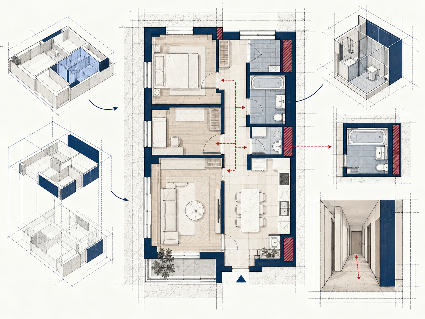 Plan architectural complet d'un appartement en analyse, accompagné de variantes BIM, vues des pièces humides et tracés de circulation rouges.