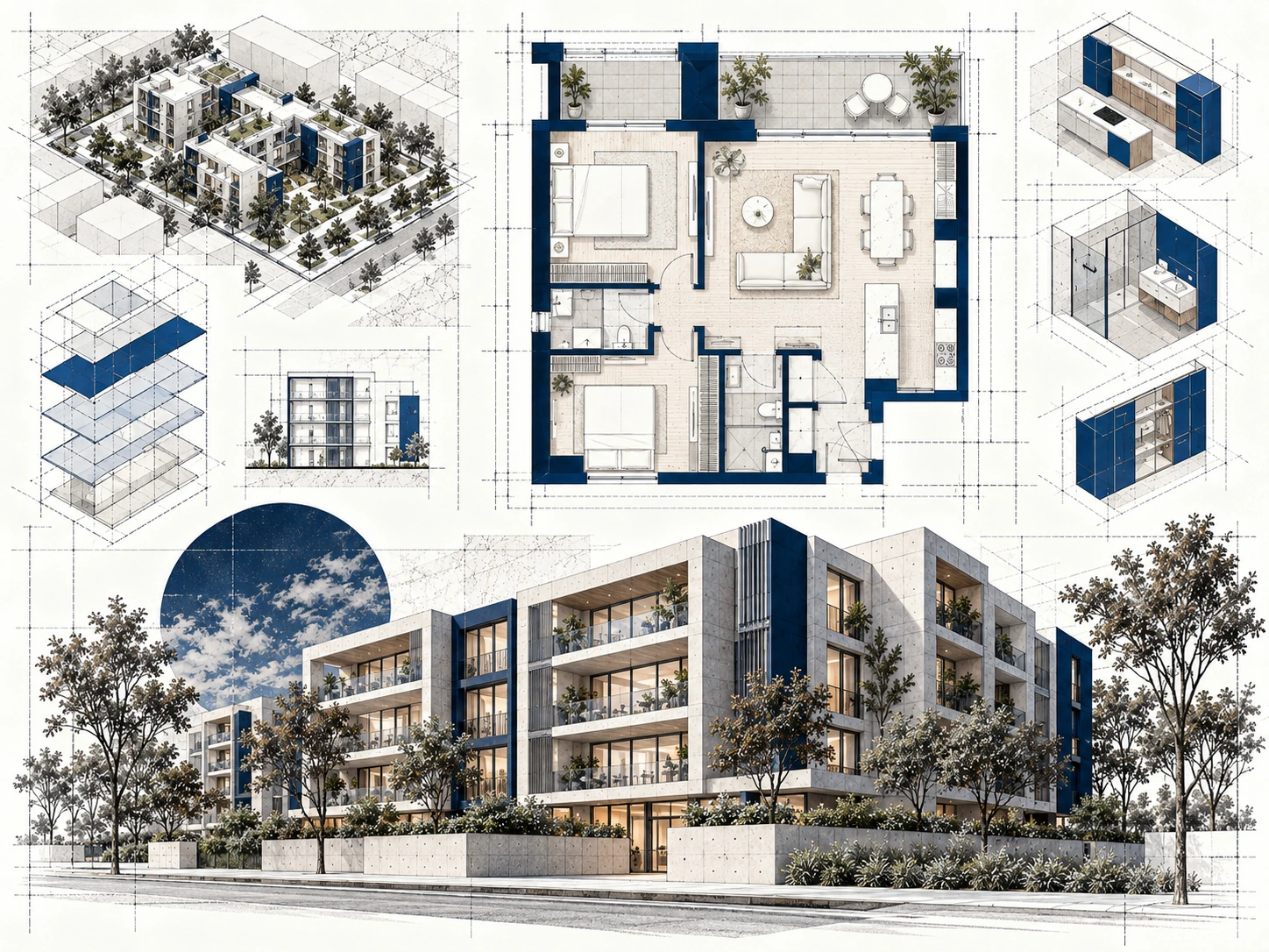 Planche architecturale complète : plan d'appartement, schémas BIM, détails de cuisine, salle de bains et façade de résidence contemporaine.