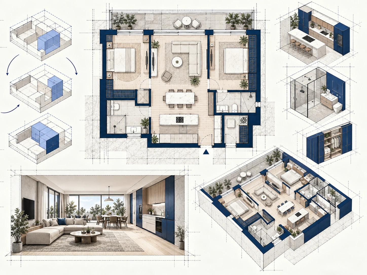Plan architectural complet d'un appartement optimisé, avec cuisine, rangements, pièce de vie, axonométrie intérieure et perspectives.