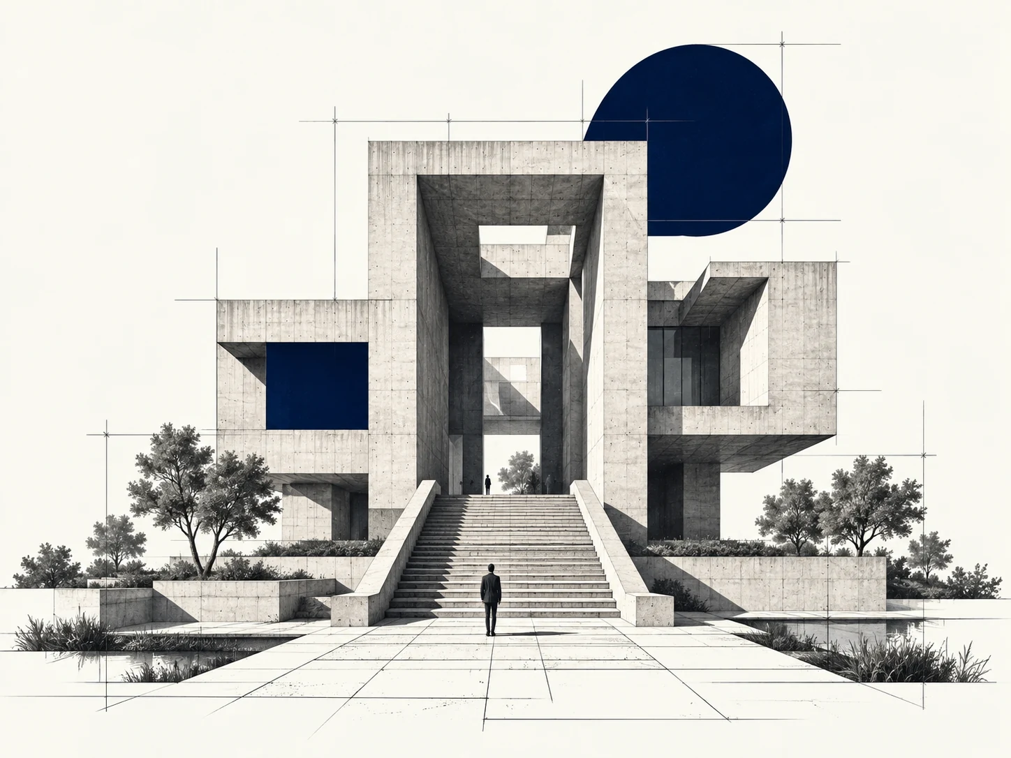 Perspective architecturale d'un bâtiment contemporain en béton, dessinée sur fond clair.
