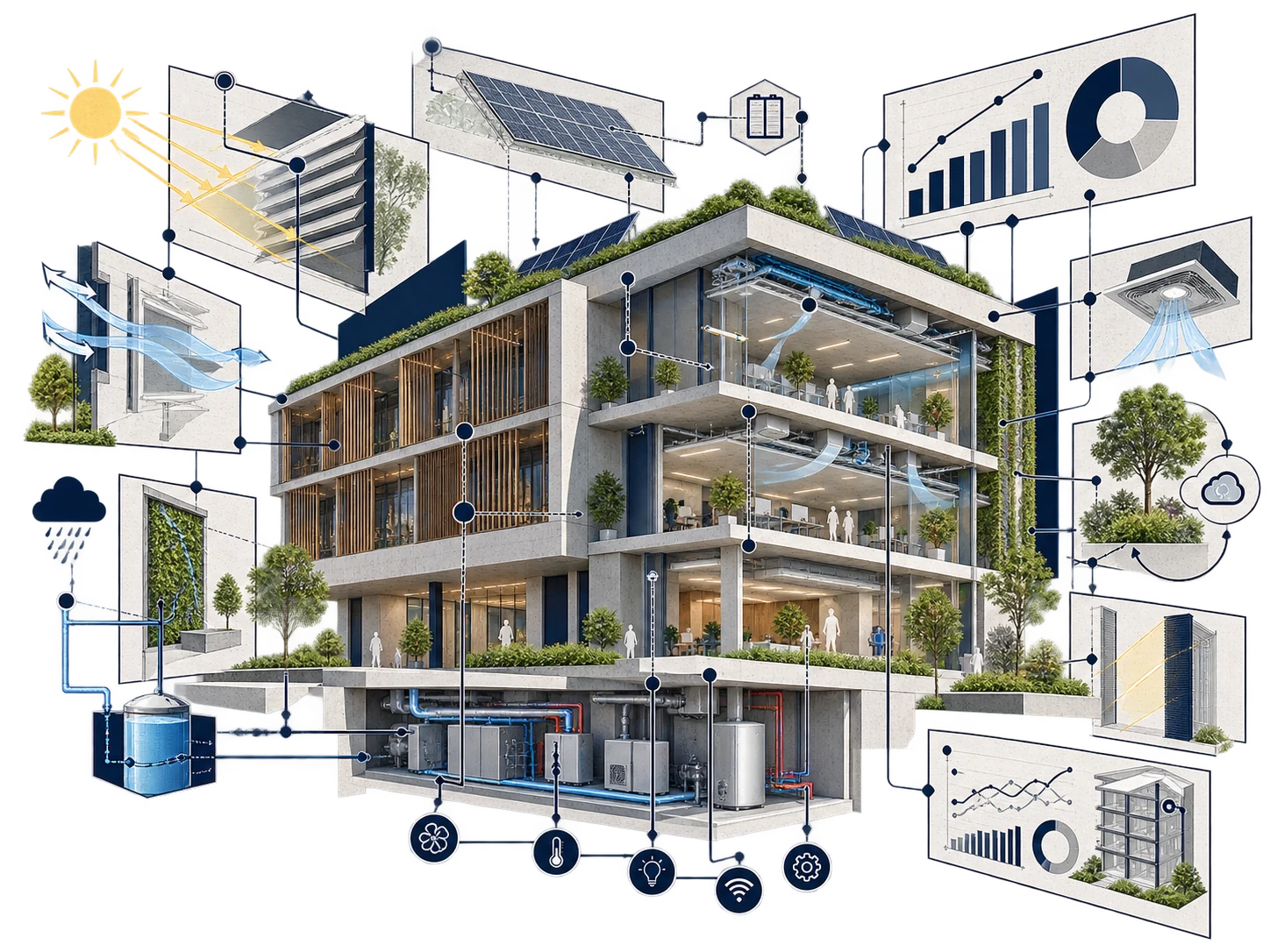 Coupe architecturale d'un bâtiment intelligent présentant les protections solaires, le photovoltaïque, la ventilation, les équipements techniques et le suivi énergétique.