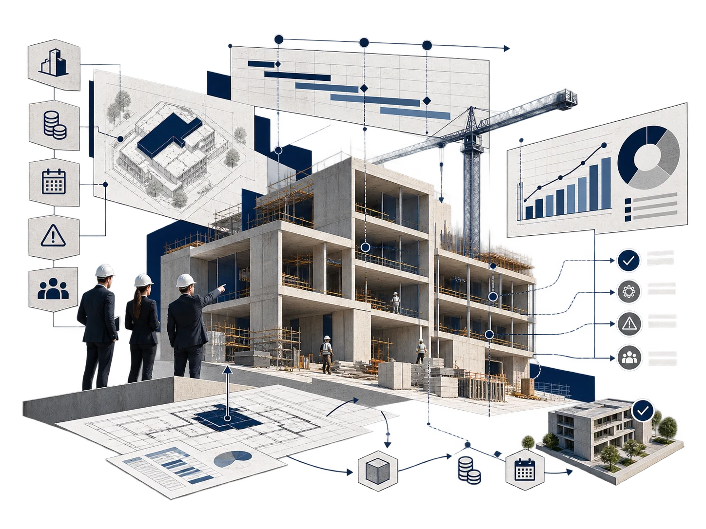 Construction d'un bâtiment en cours, représentée avec tableaux de bord, planning, documents techniques et équipes de suivi de projet.