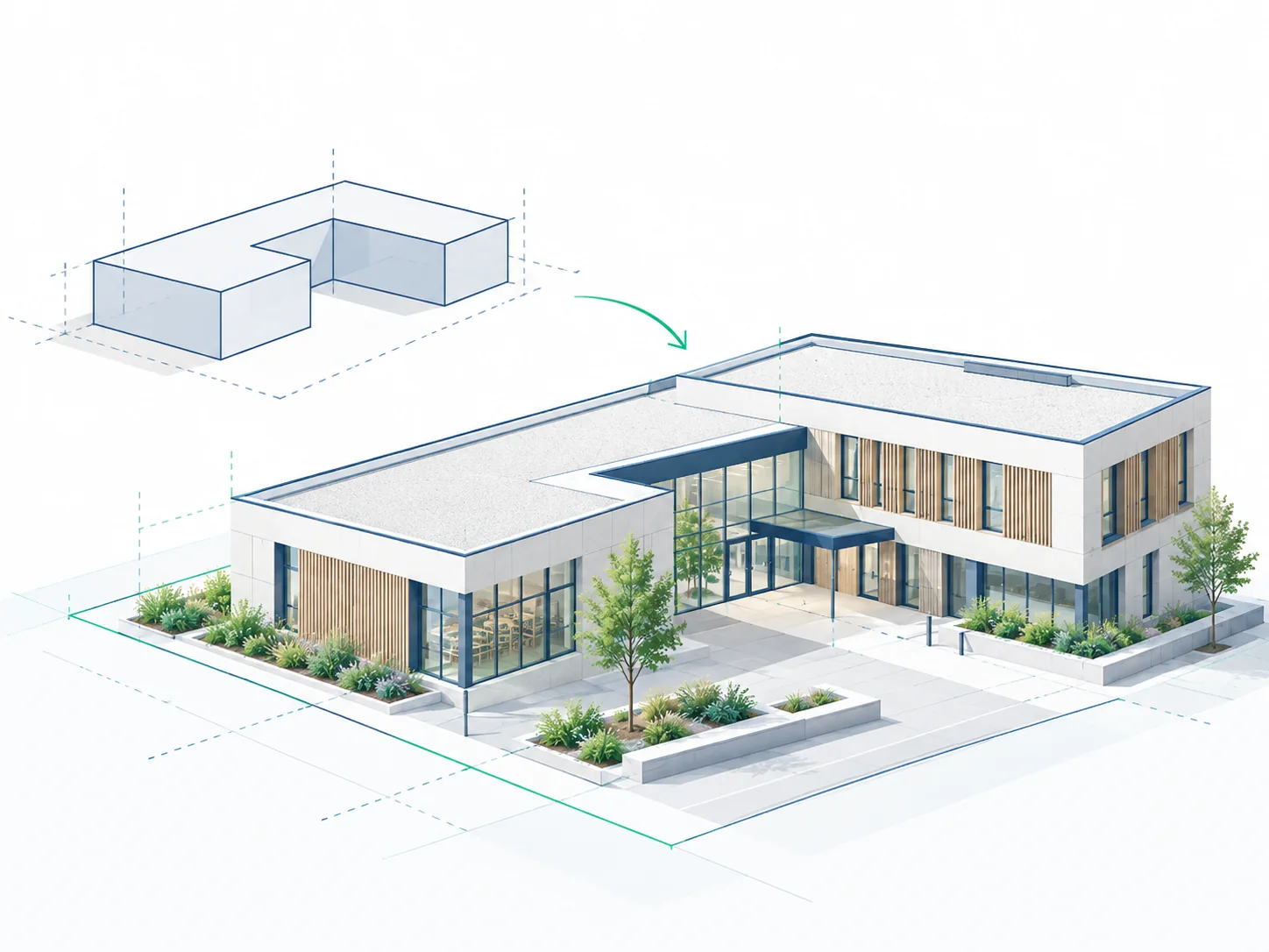 Volumétrie et bâtiment contemporain illustrant une option de construction