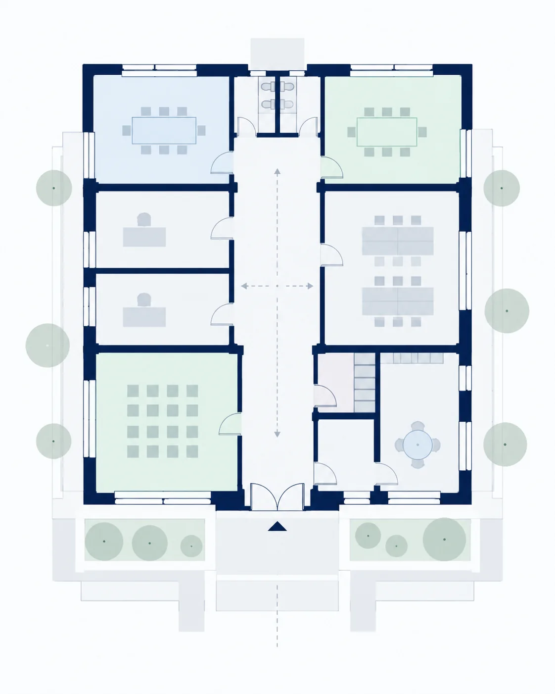 Hypothèse de réorganisation avec espaces et circulations clarifiés.