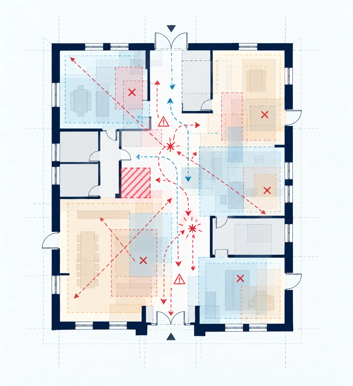 Plan avant programmation montrant les difficultés de flux et les zones à réexaminer.