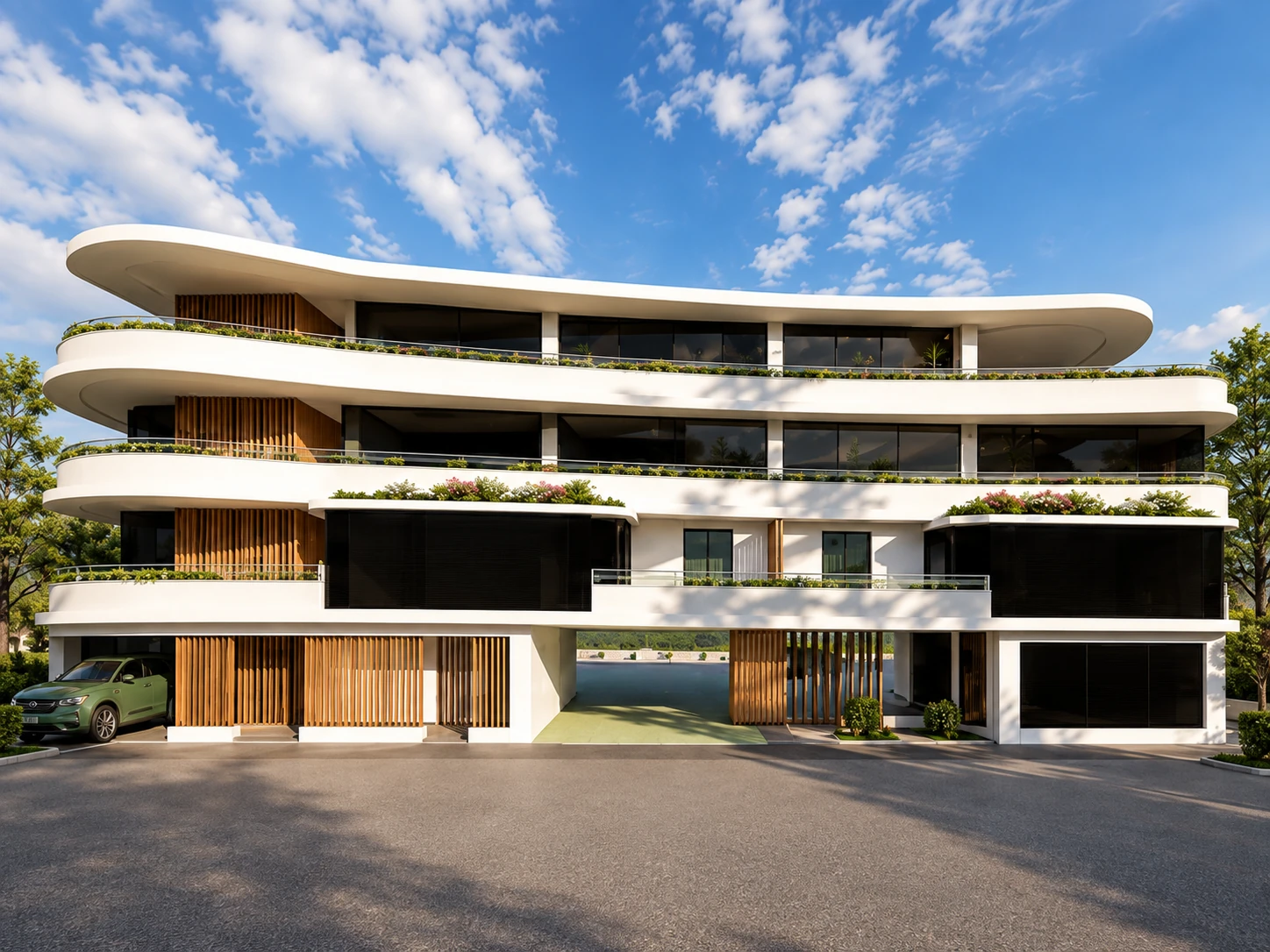 Perspective architecturale de la Villa Auguste Escoffier, bâtiment contemporain aux terrasses horizontales et aux façades vitrées