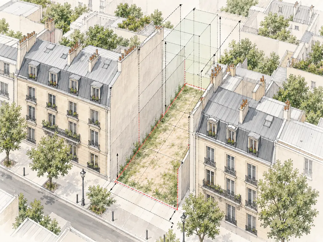 Terrain urbain étudié avec volumes de construction potentiels