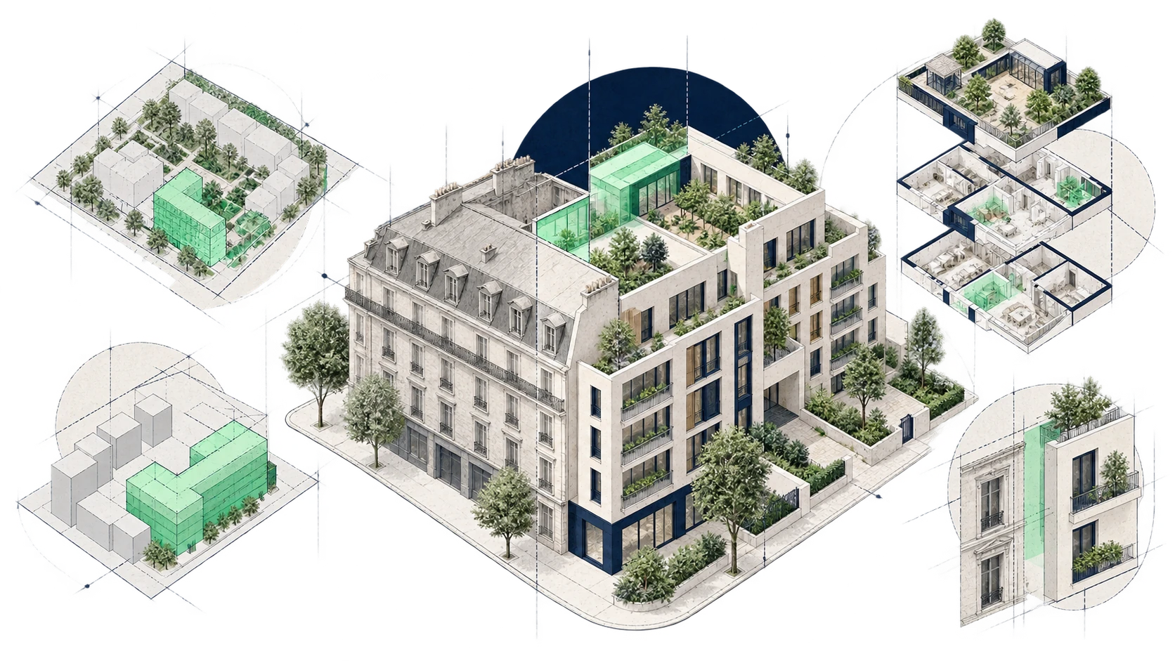 Axonométrie d’un ensemble immobilier valorisé avec études foncières et plans de réaménagement