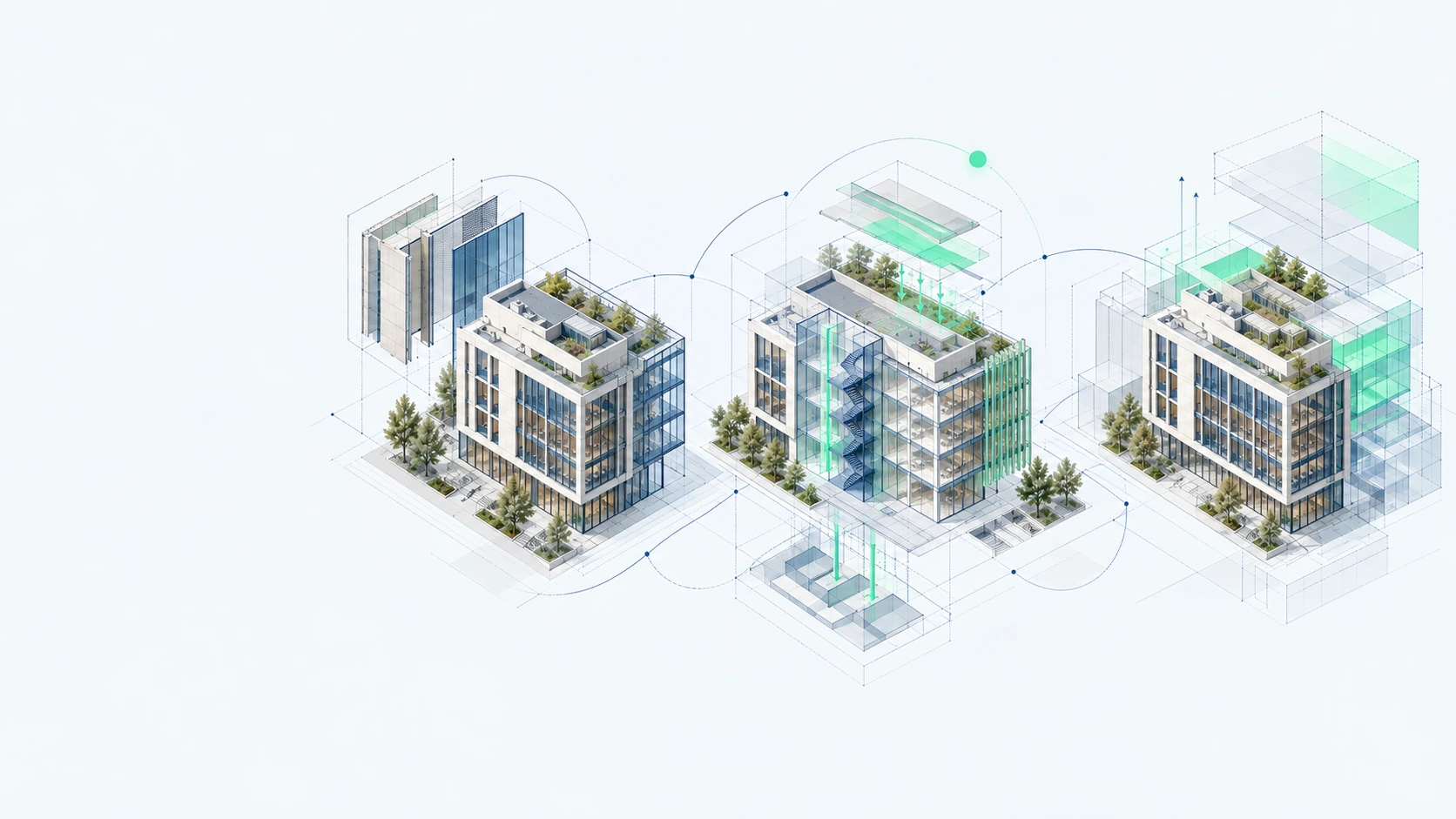 Séquence architecturale montrant l'état existant, les contraintes et le potentiel d'un actif immobilier