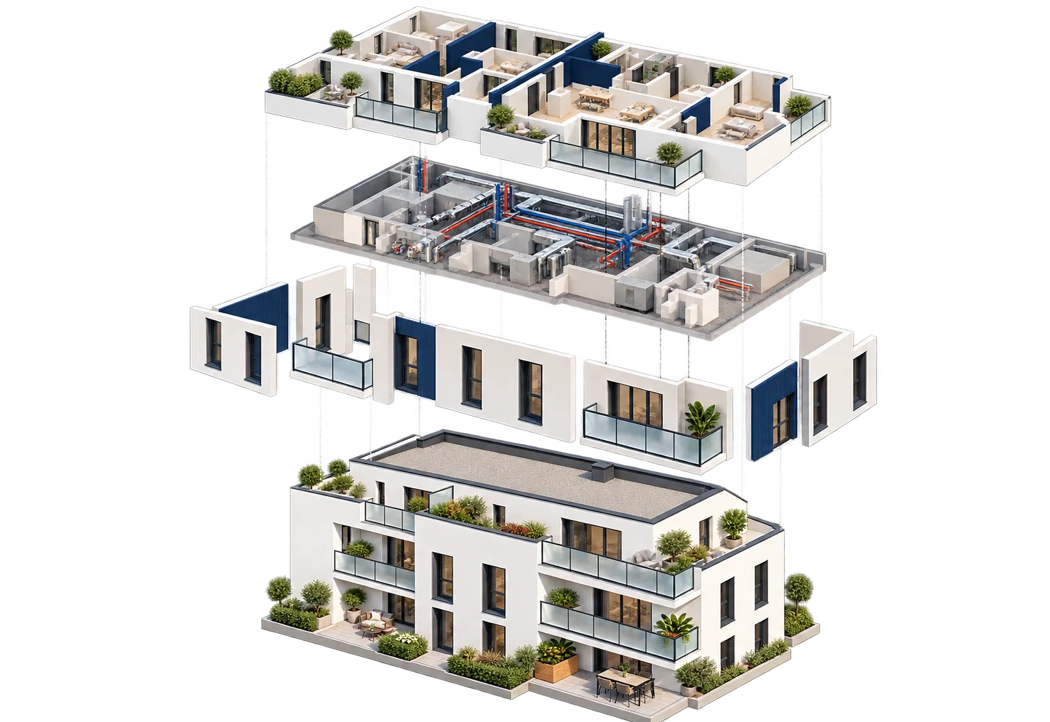 Maquette architecturale éclatée représentant les différentes couches d'intervention possibles sur un immeuble