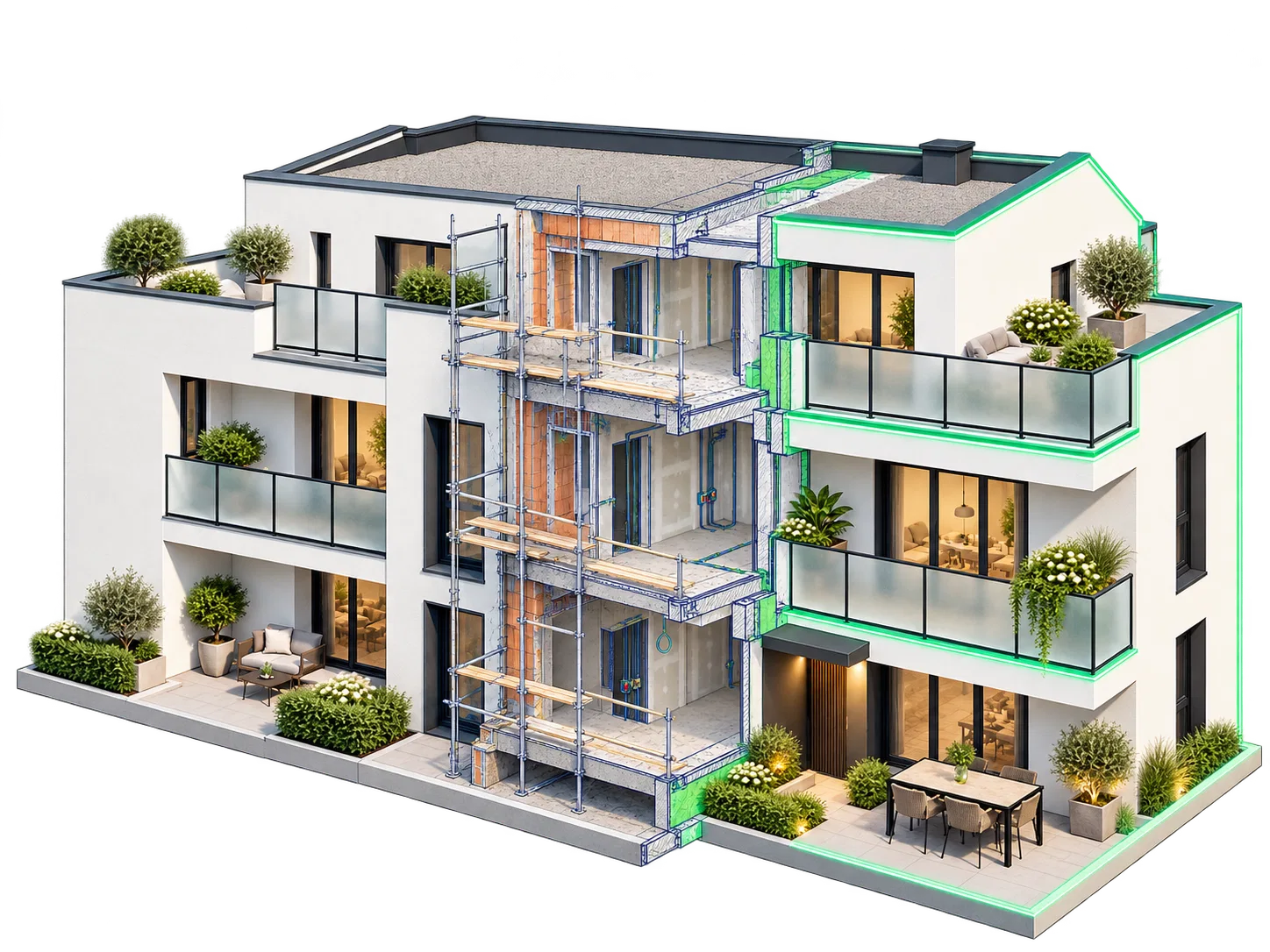 Immeuble partiellement existant et partiellement en travaux, illustrant un programme de restructuration